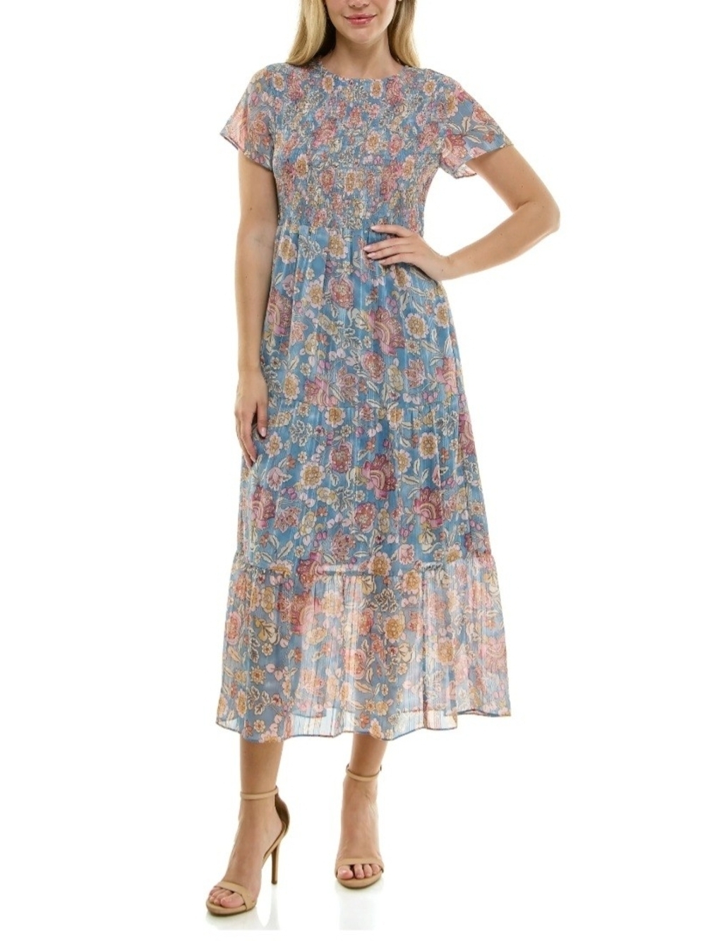 Nanette Lepore Blue Floral Smocked Maxi Dress Metallic Stripe Size 10 - Picture 1 of 7